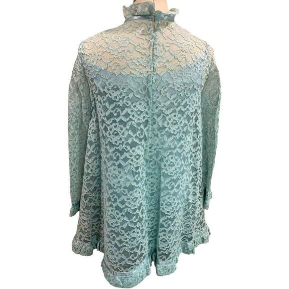 Vintage Aqua Swing Shift Mini Dress Vintage 1960s Lace Overlay Satin - Picture 5 of 10